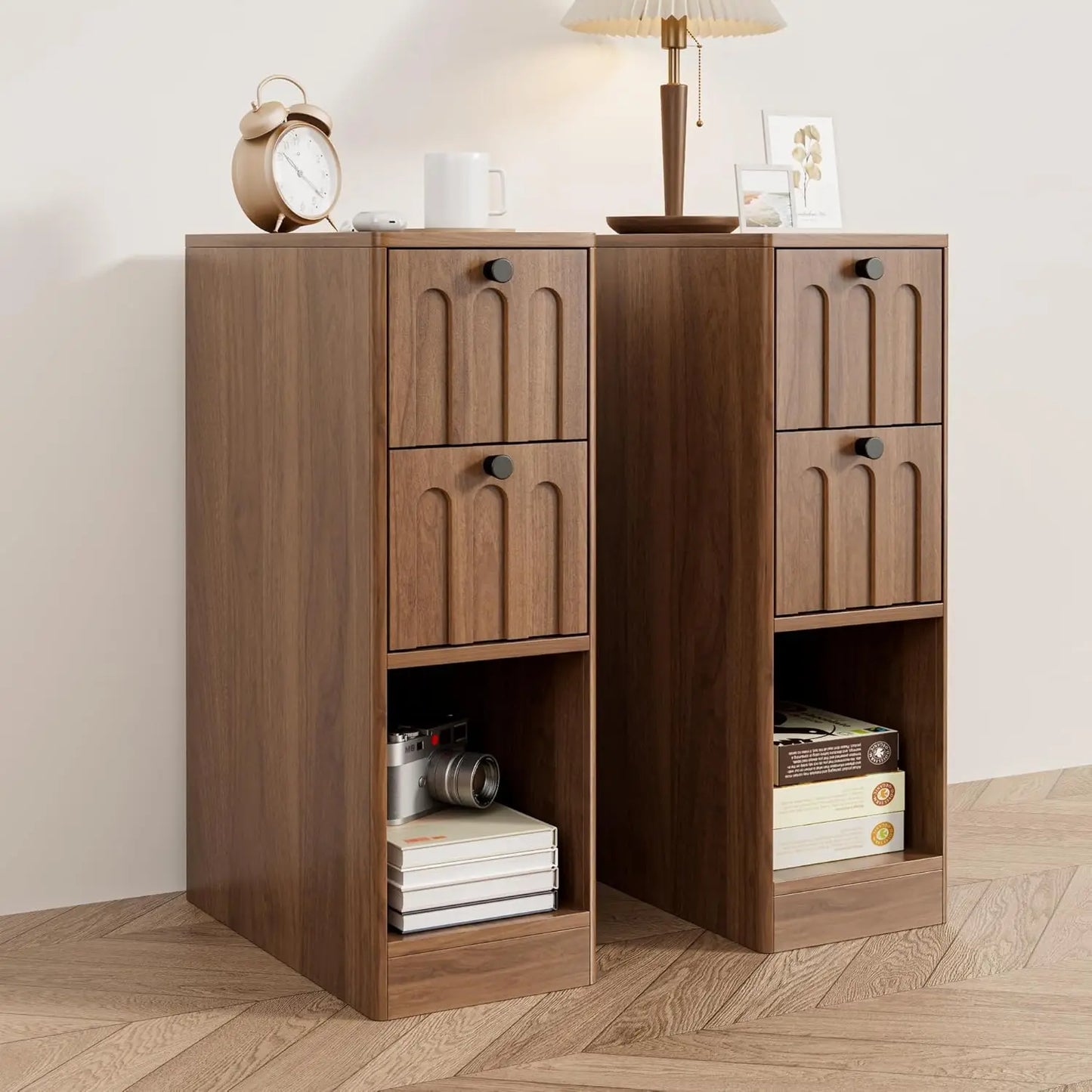Narrow Fluted Wooden Nightstand With 2 Drawers Slim Bedside Cabinet