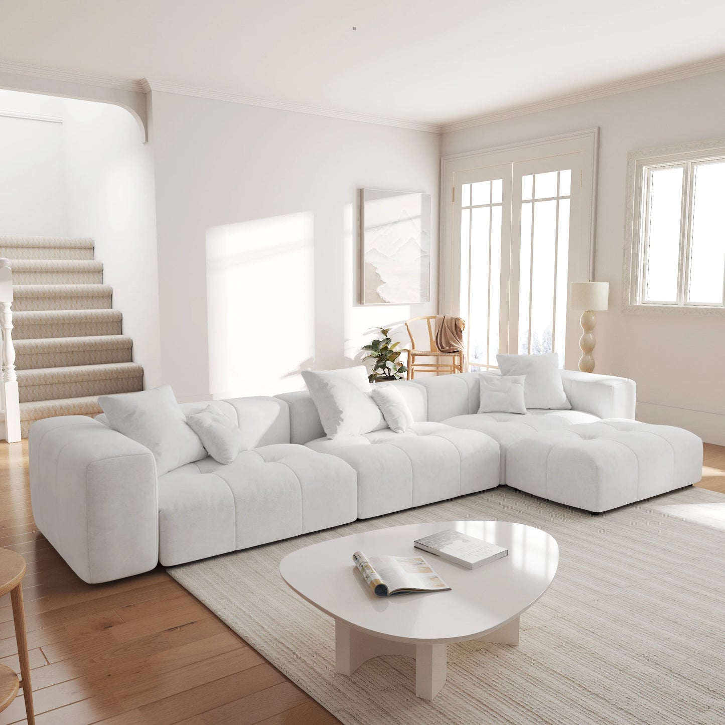 Sdorens 144" Sectional Sofa for Living Room L Shaped 3 Seater with Ottoman Linen Deep Seat with Pillow Couches for Living Room