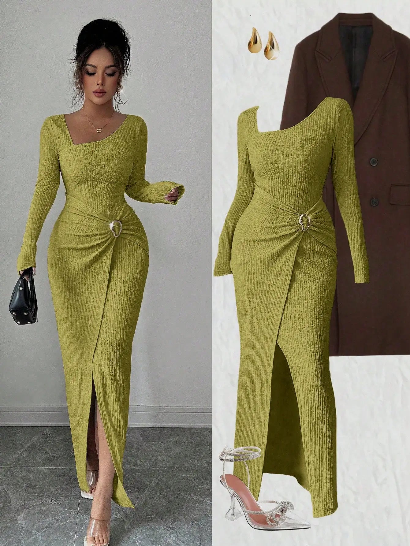 Asymmetrical Neck Knitted Bodycon Dress With Twist Waist Side Slit