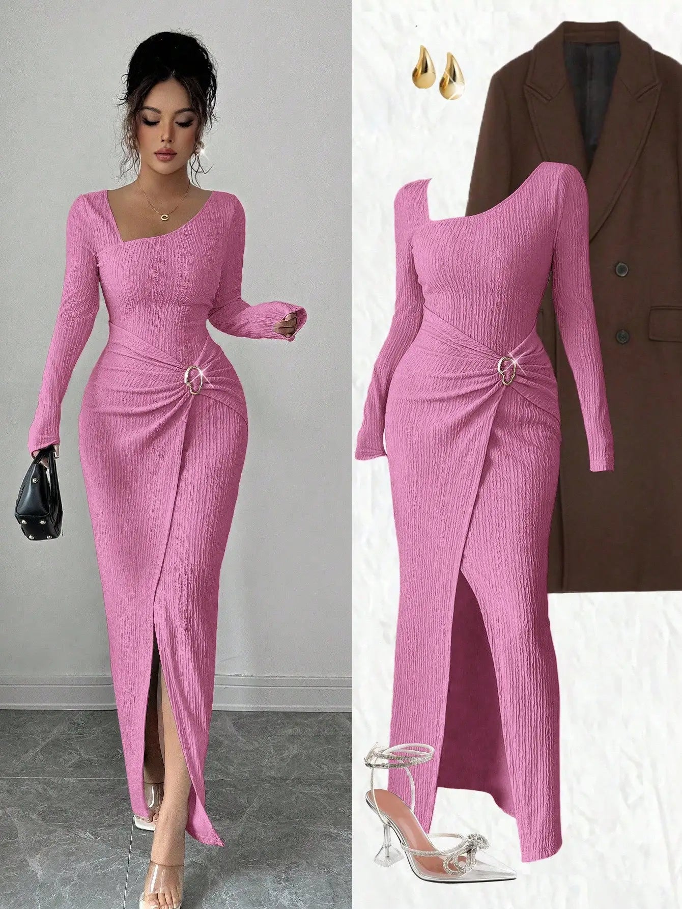 Asymmetrical Neck Knitted Bodycon Dress With Twist Waist Side Slit