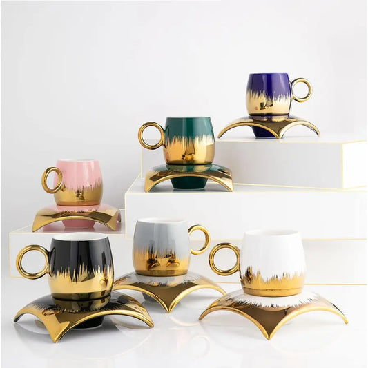 Elegant Marble Ceramic Coffee Cup Set With Saucers And Tray