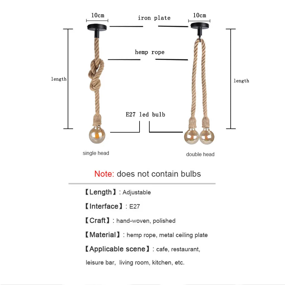 COOINJOY Industrial E27 Hemp Rope Pendant Lights