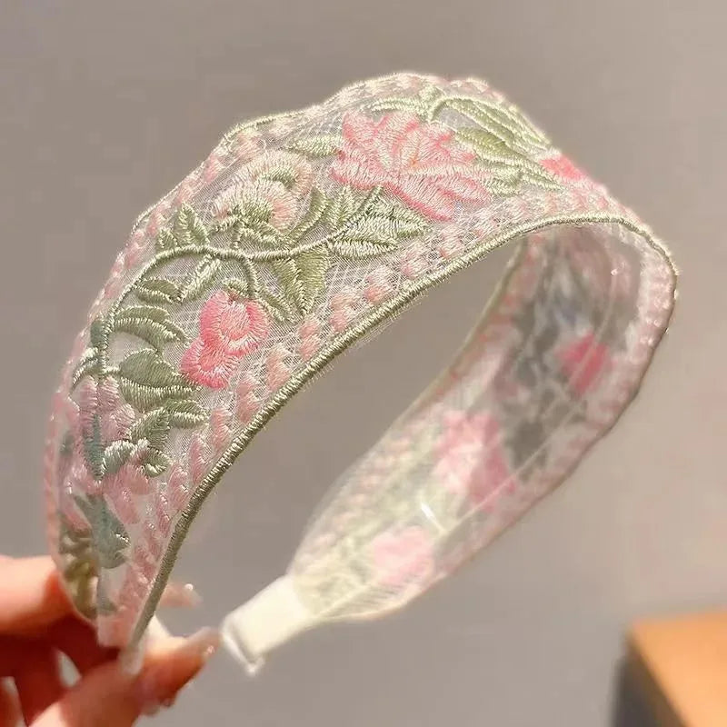 Elegant Chiffon Embroidered Flower Headband For Women Hair Accessories