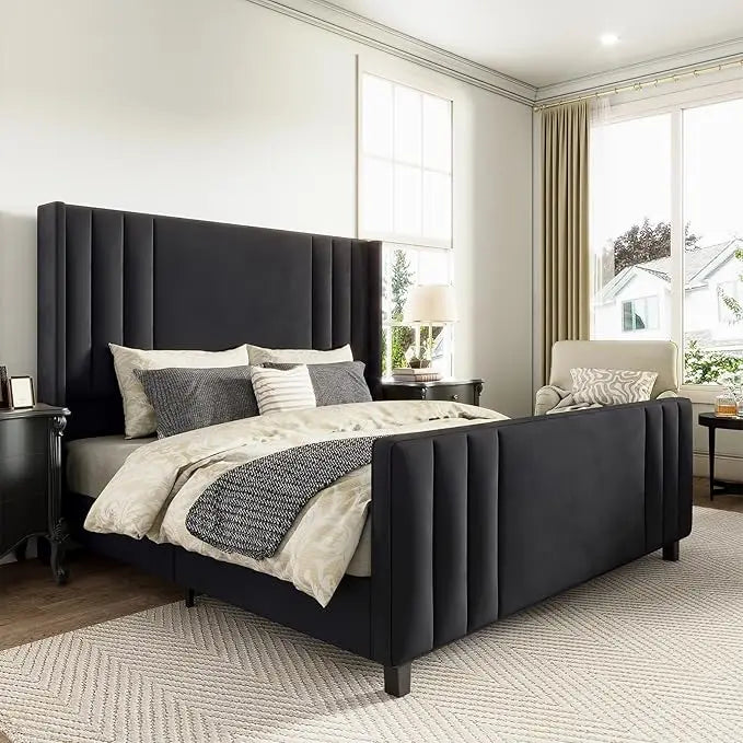 Velvet Upholstered Platform Bed With Vertical Channel Tufting And Wingback