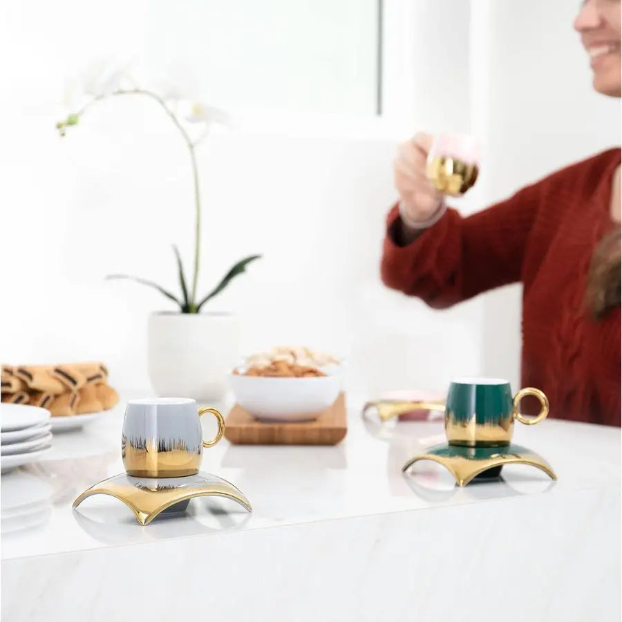 Elegant Marble Ceramic Coffee Cup Set With Saucers And Tray