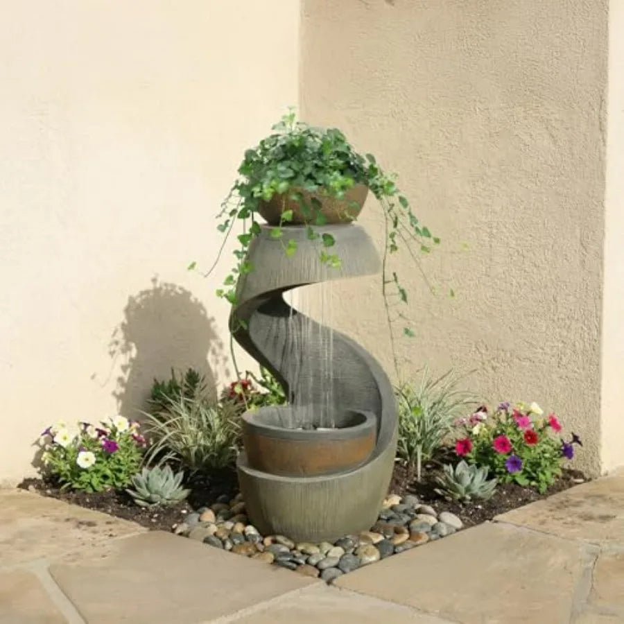 Outdoor Water Fountain With LED Lights Resin S Shaped Bowl