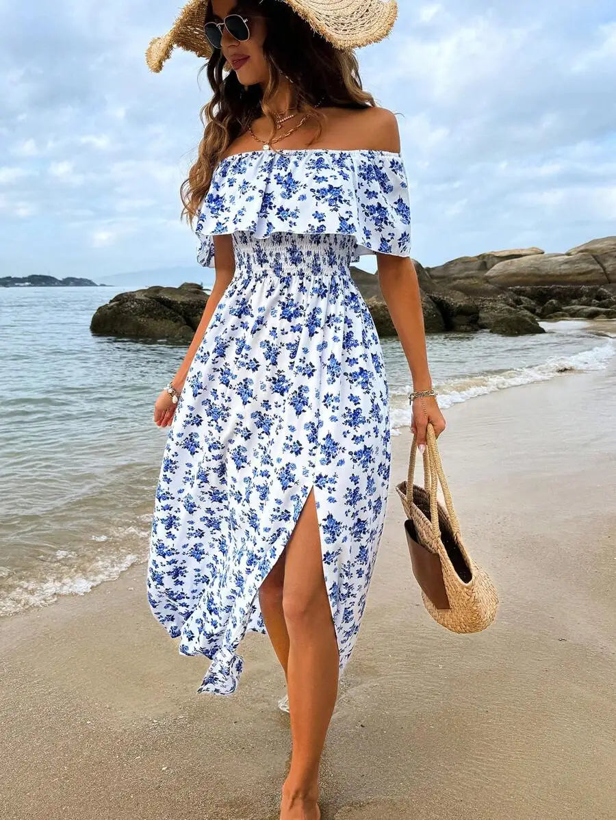 Off Shoulder Floral Maxi Dress With Side Slit And Ruffles