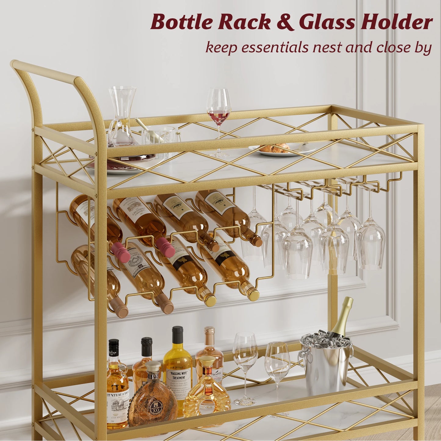 HobbyLane Bar Cart With Lockable Wheels And Wine Racks