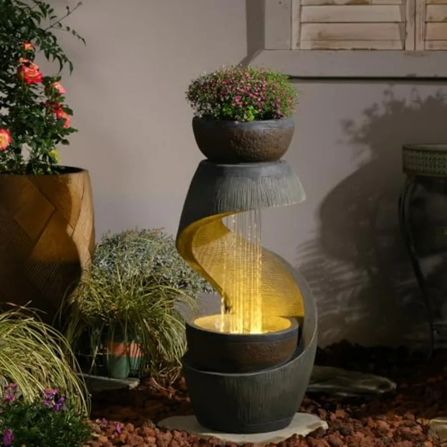 Outdoor Water Fountain With LED Lights Resin S Shaped Bowl