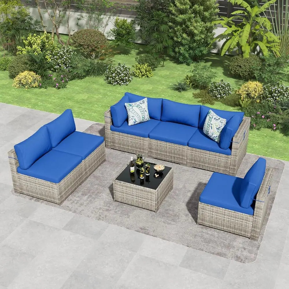 7-Piece Outdoor Wicker Sectional Sofa Set With Glass Table Weather-Resistant