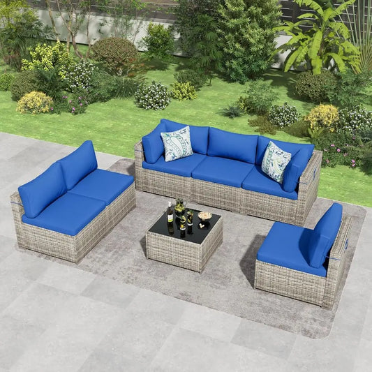 7-Piece Outdoor Wicker Sectional Sofa Set With Glass Table Weather-Resistant