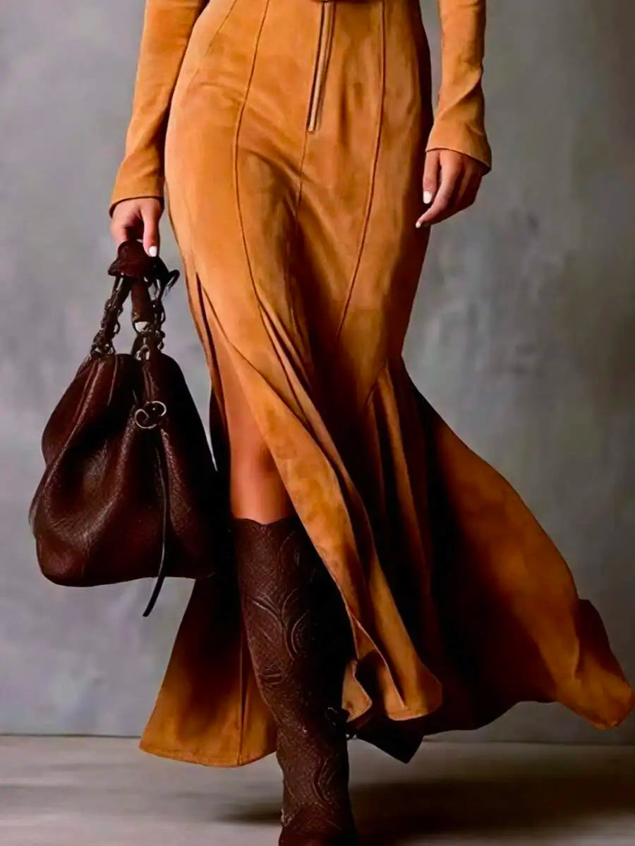 Women's Suede Full Zip Long Dress With High Slit Elegant