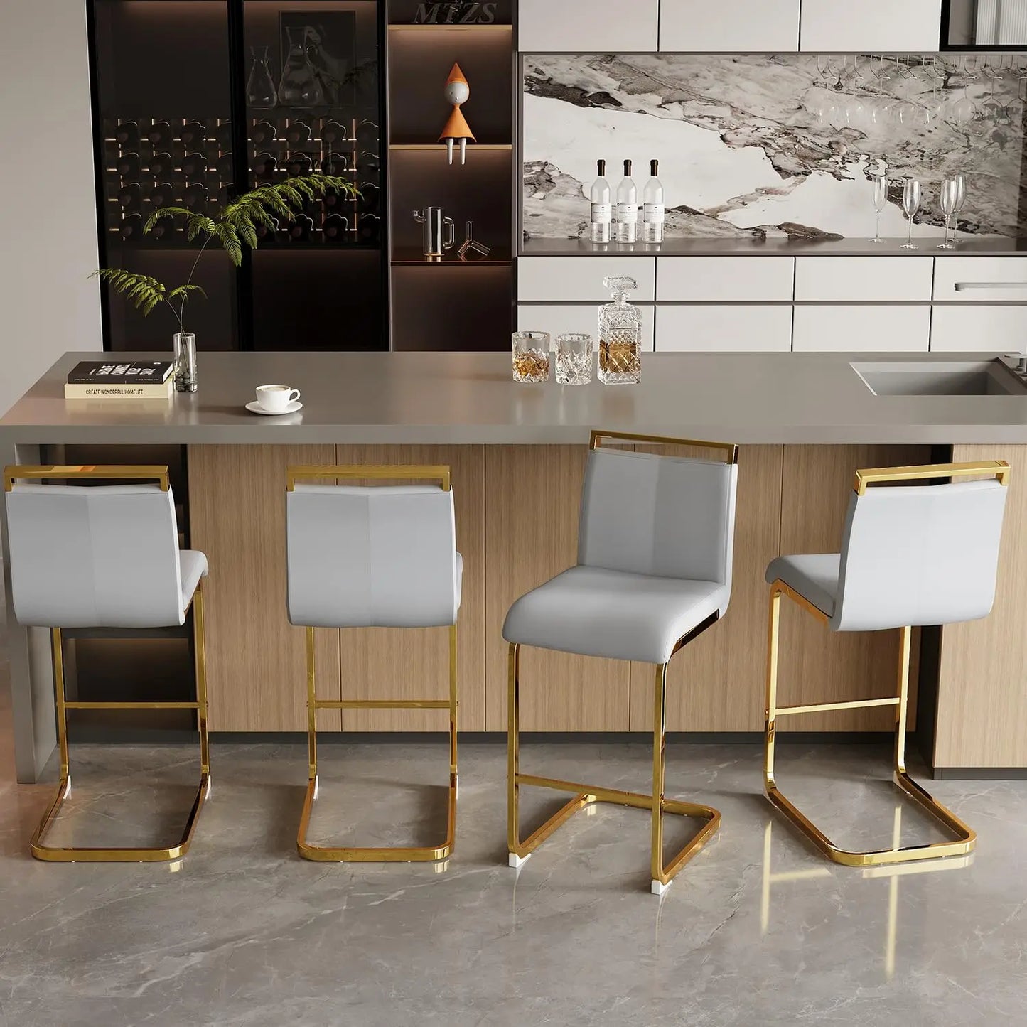 Bar Stools Set of 4,Gold Bar Stools with Back,25" White Island Chairs with Gold Plated Metal Leg,Faux, Customized