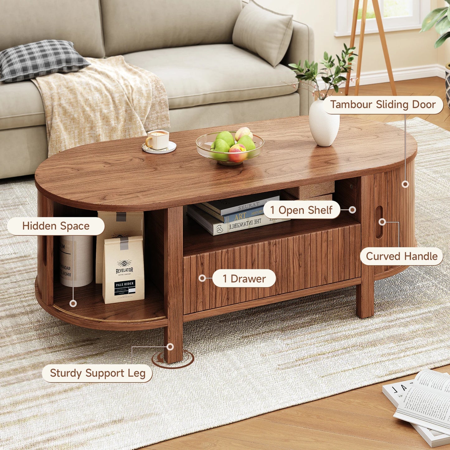 Oval Coffee Table With Cabinets And Sliding Doors Storage