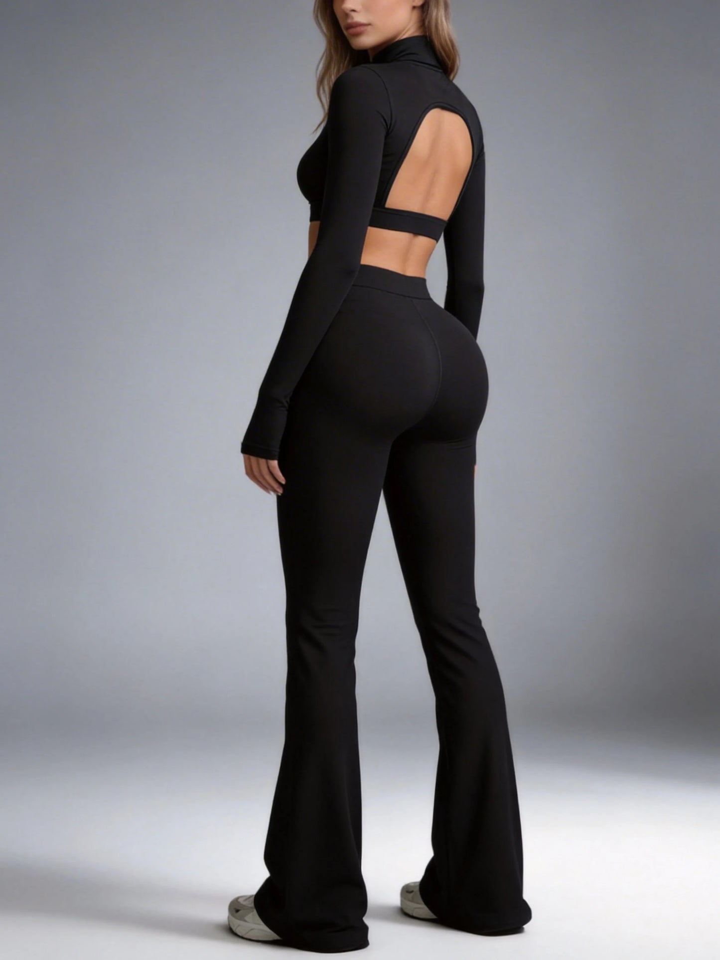 Women's Yoga Set With Back Cutout Turtleneck And Flare Pants