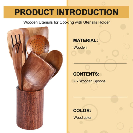 FGHGF Teak Wooden Spoons Set With Utensil Holder Premium