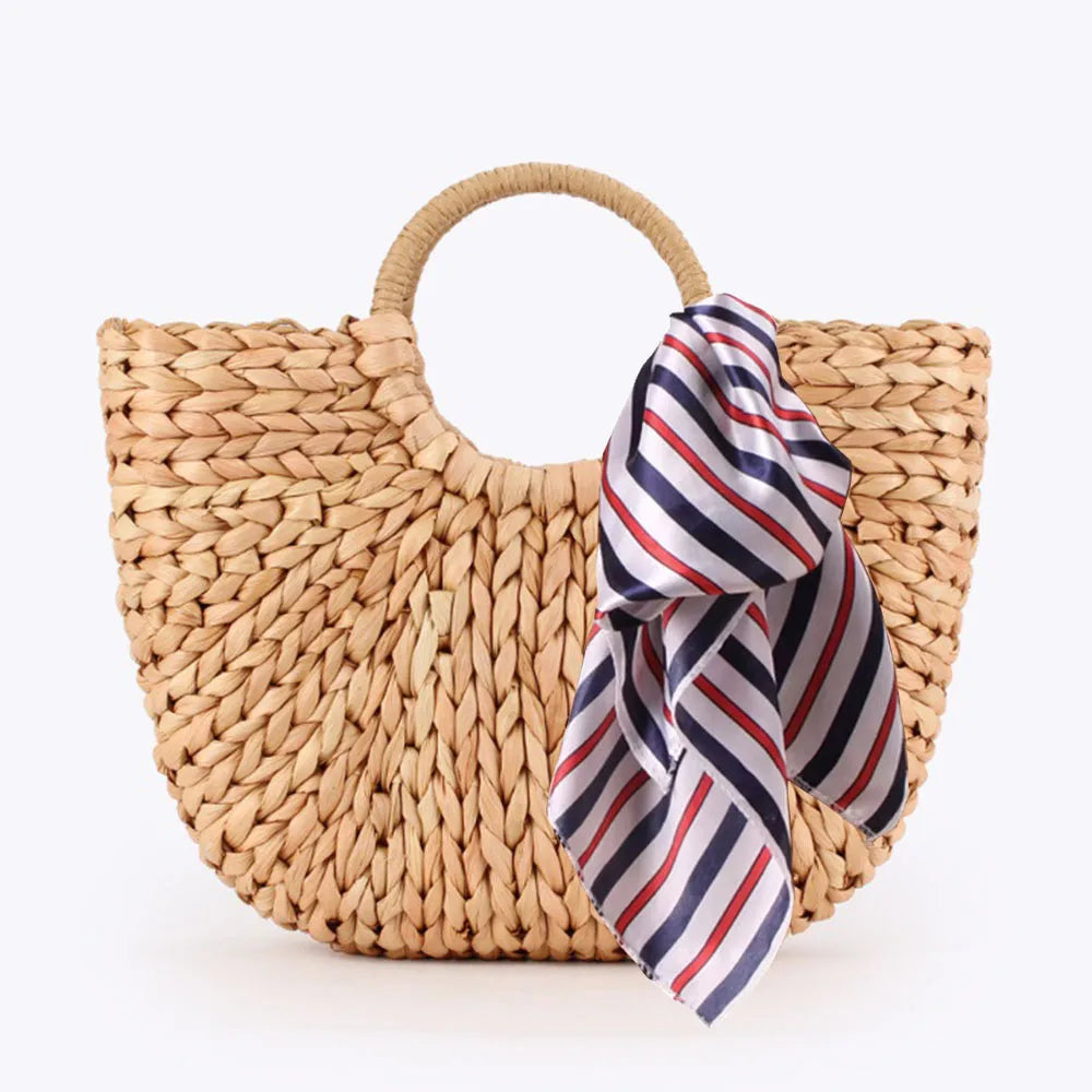 Women Straw Beach Bag Half Round Rattan Tote Handwoven