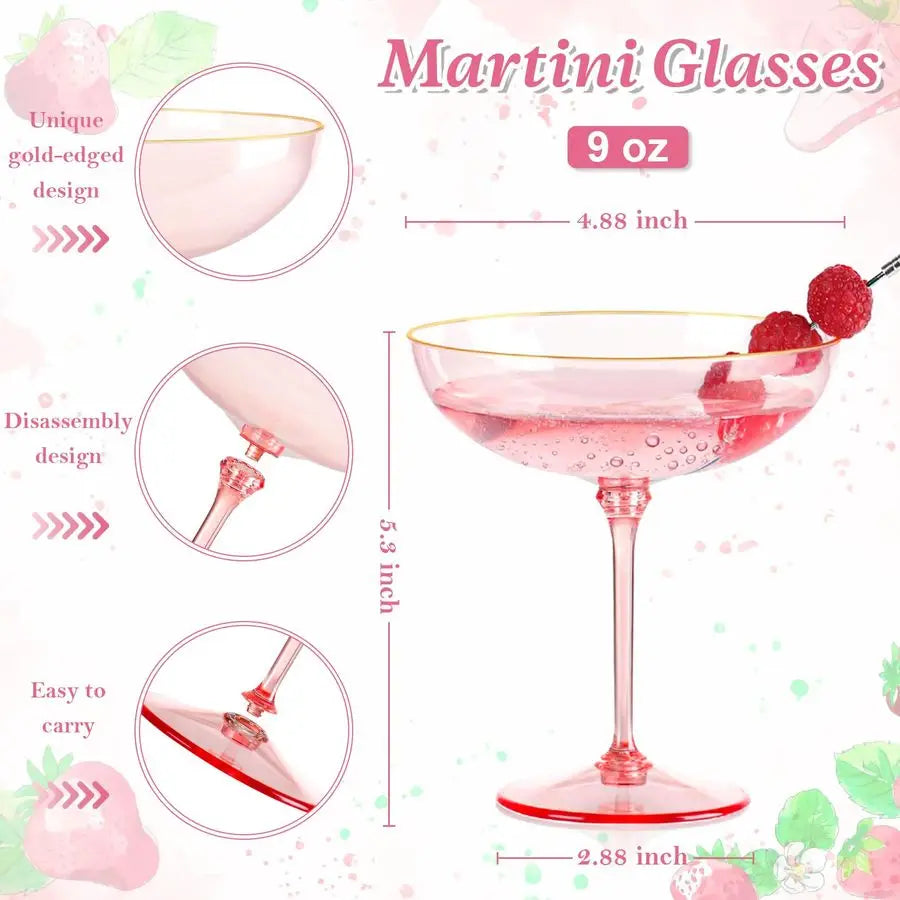 PCS Plastic Coupe Glasses 9 oz Pink Detachable Gold Rim Martini Glass Espresso Champagne Cocktail Cups Disposable Vintage Margar