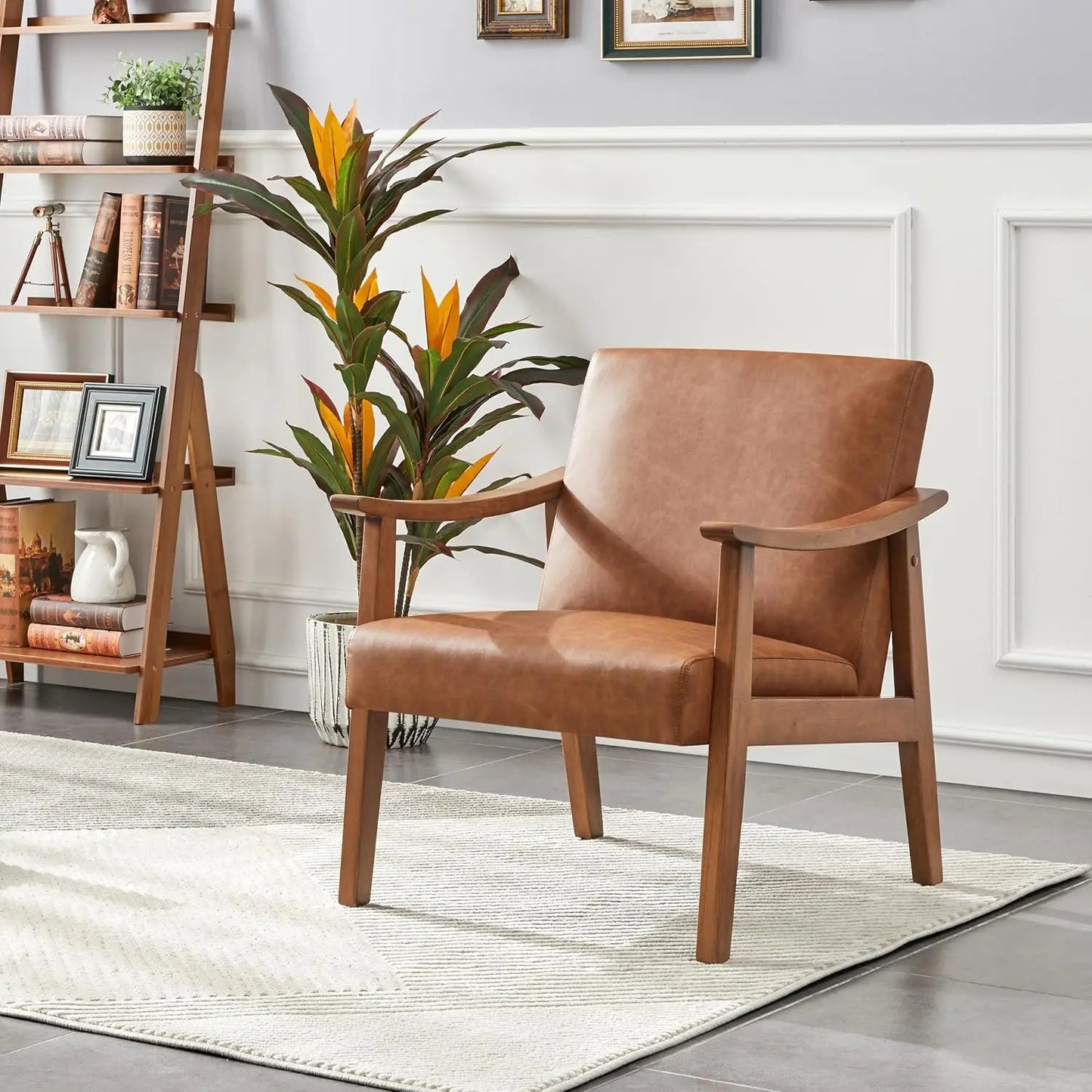 Mid-Century Modern Armchair With Solid Wood Legs For Living Room