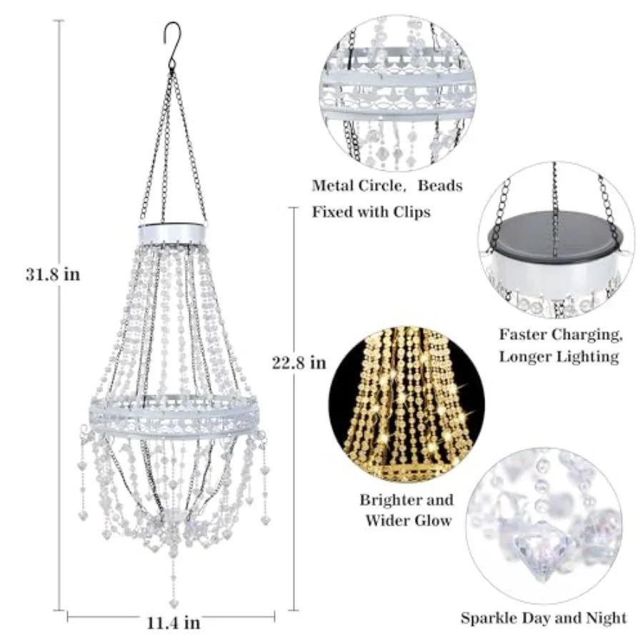 Hanging Solar Lantern Outdoor Chandelier Waterproof Crystal Pendant LED