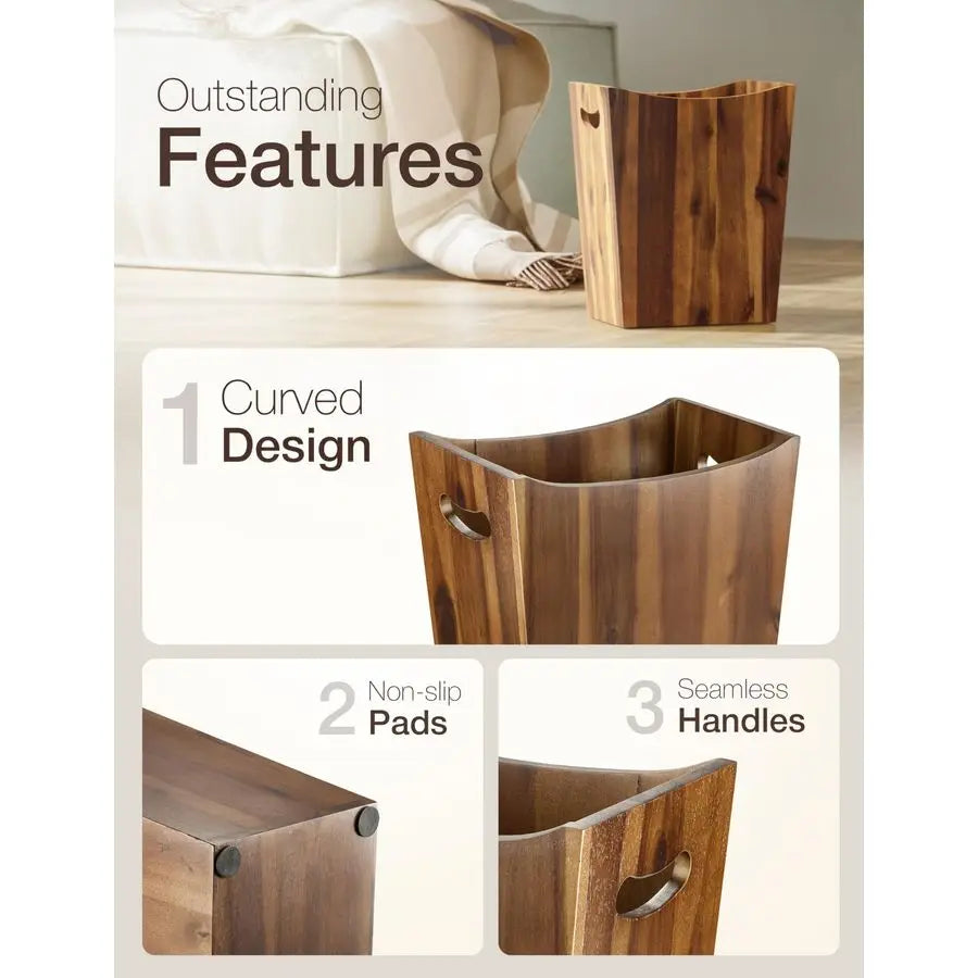 2 Gallons Rectangular Wastebaskets Acacia Wood Waste Basket with Handles Small Trash Can for Bathroom Brown Garbage Bin for Spa