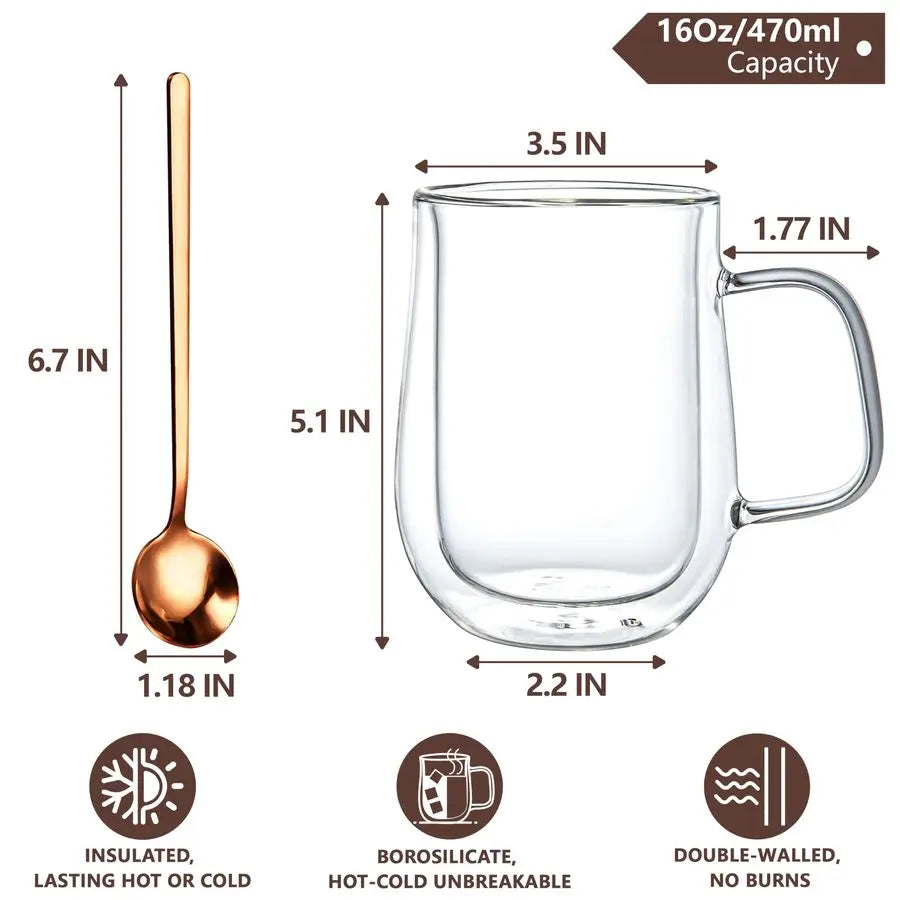 Double Walled Glass Coffee Mugs 16 OZ, Borosilicate Glass Coffee Cups Set of 4 with Spoons, Insulated Clear Coffee Mug for Hot B
