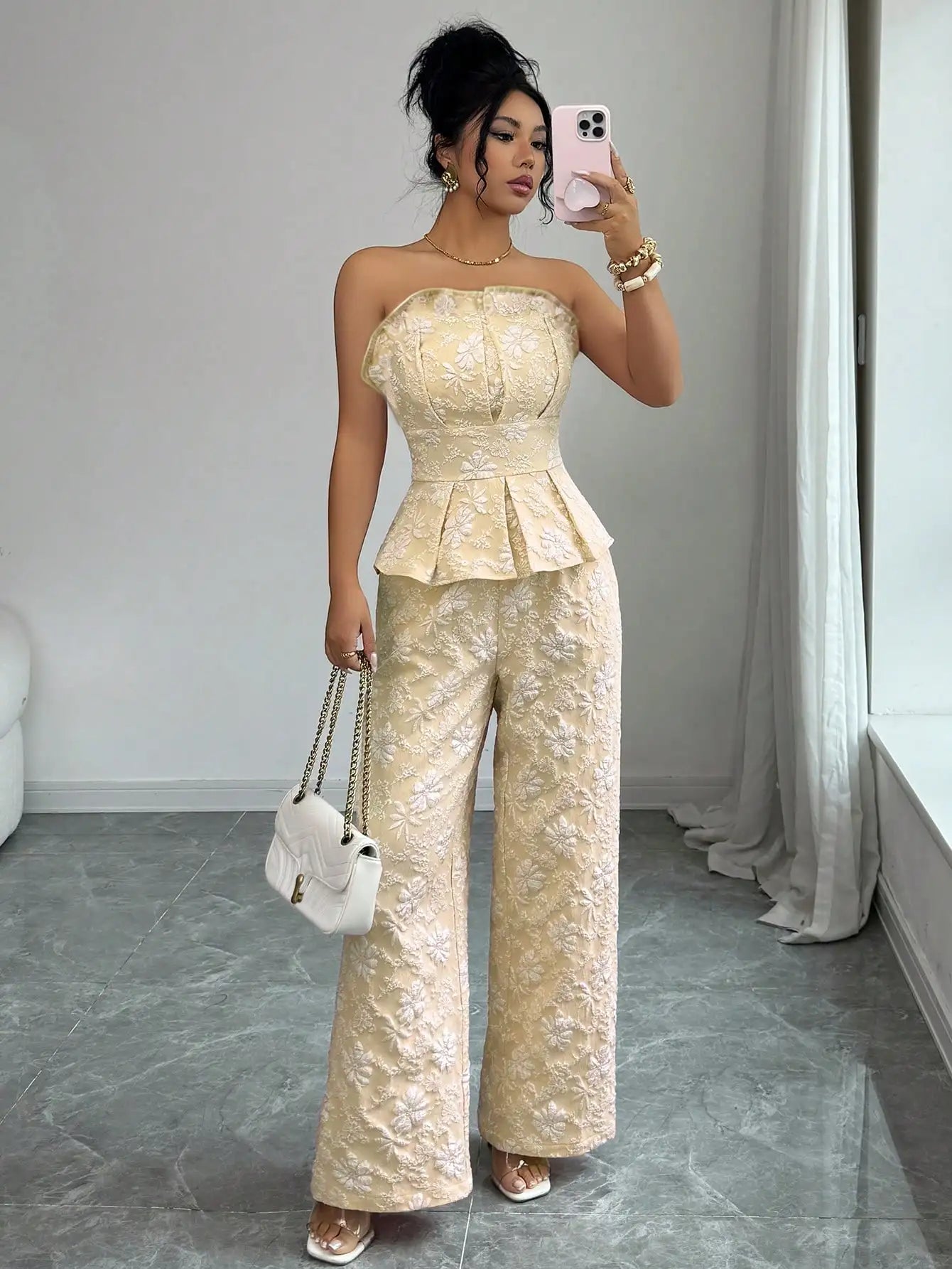 Floral Jacquard Strapless Peplum Top And Wide Leg Pants Set