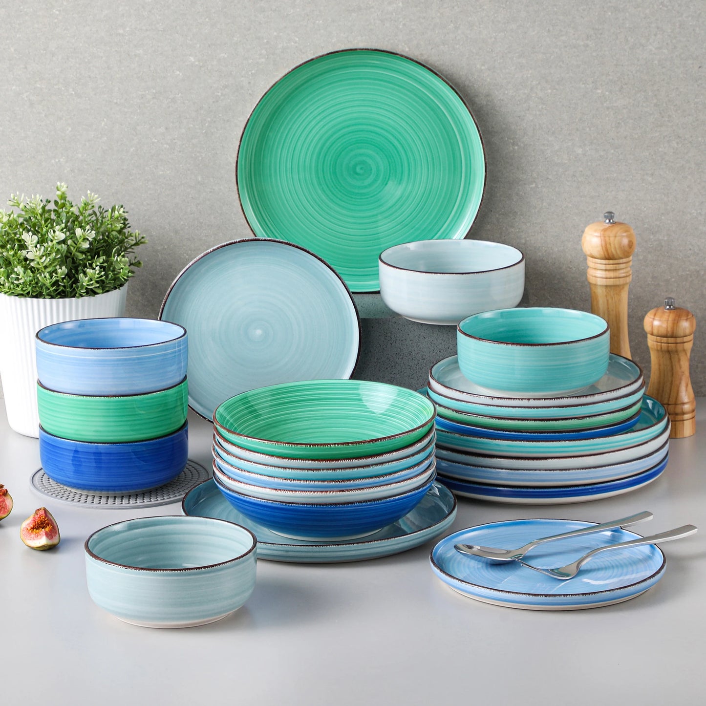 MALACASA Ceramic Dinnerware Set Handpainted Spirals Pattern
