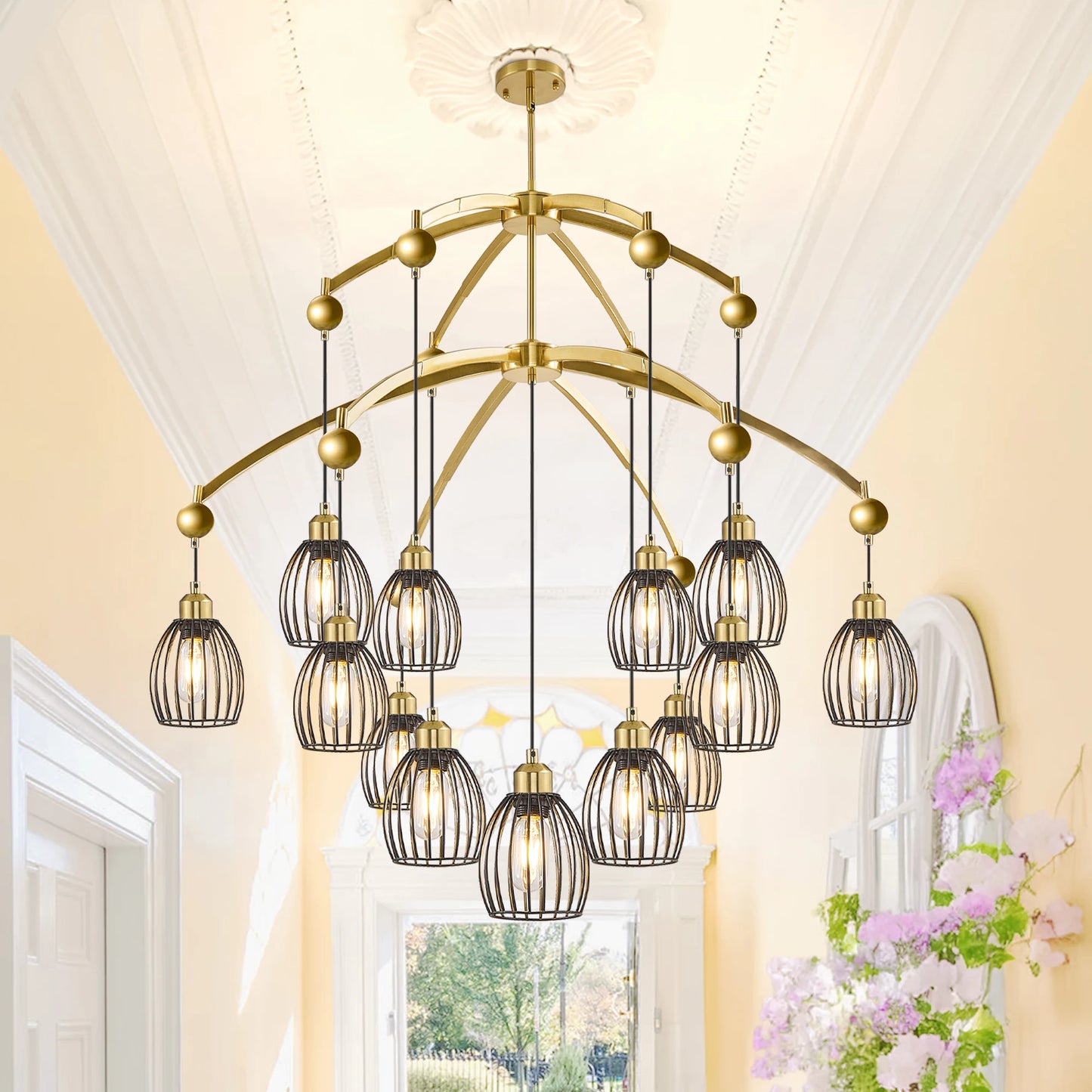 Modern Contemporary Lighting Industrial Adjustable Farmhouse Chandelier Unique Metal Cage with Black Rope Pendant Light Fixture