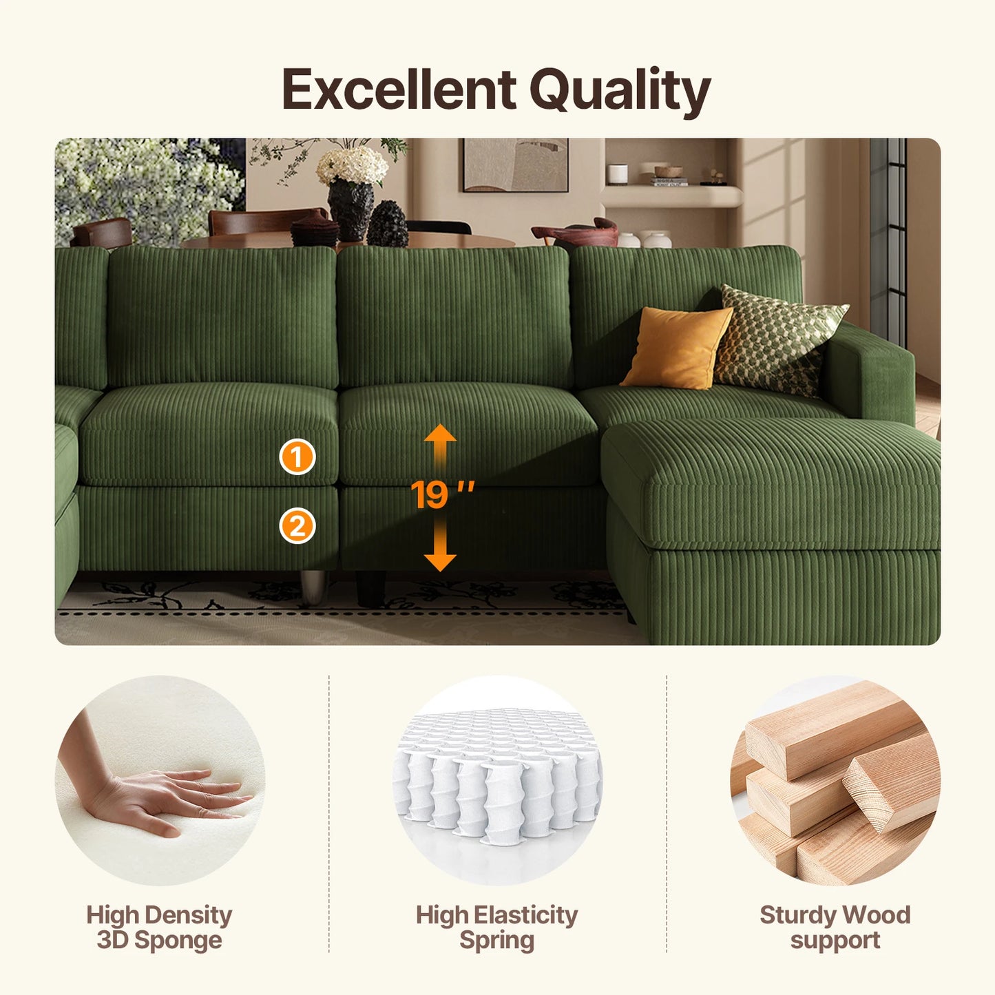 101 Inch Green Corduroy Sectional Sofa, U Shaped Sectional Sofa with 2Ottomans, 6 Seater Convertible Corduroy Sofa, Comfortable