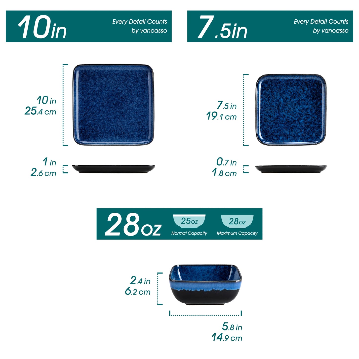 MALACASA Ceramic Dinner Set Square Reactive Glaze Tableware