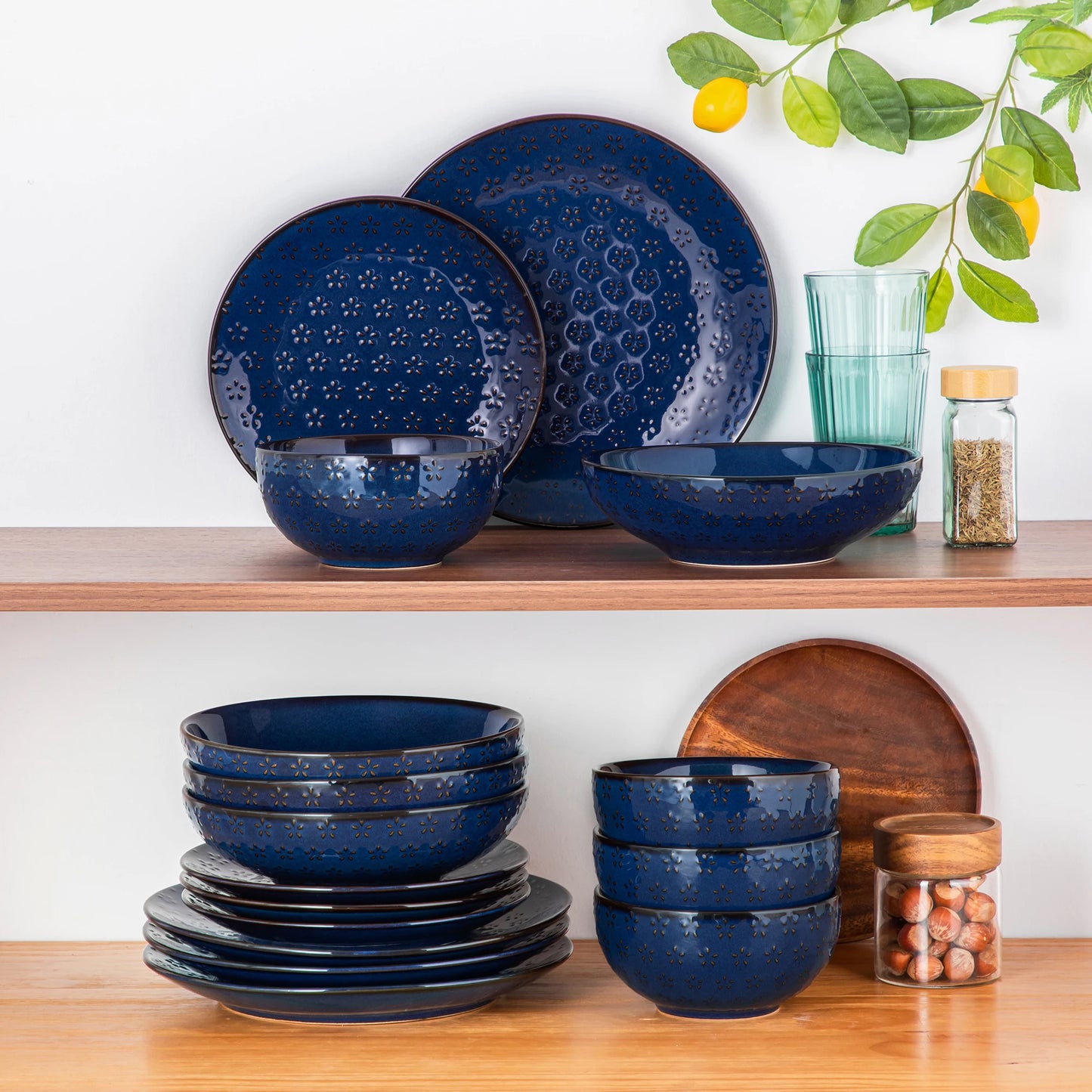 MALACASA Lydia Stoneware Dinner Set Embossed Dinnerware