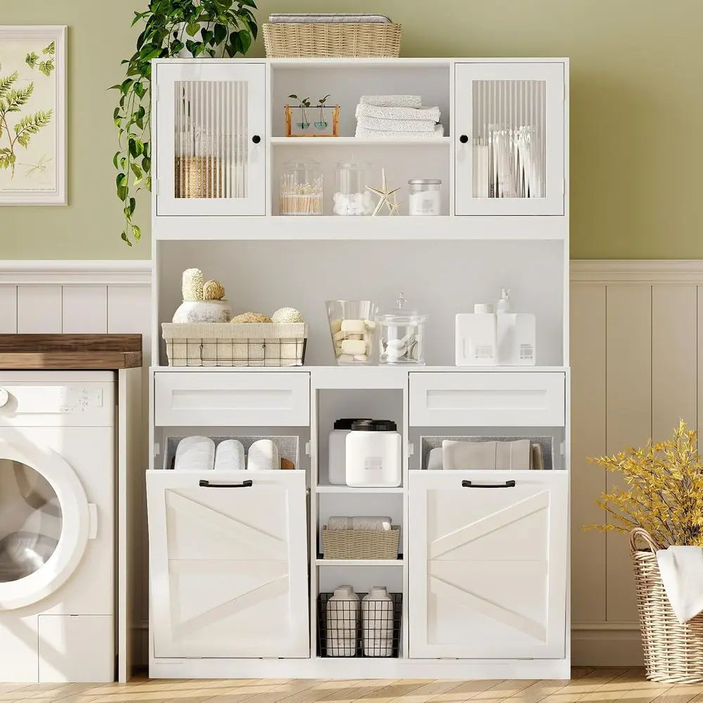Double Hamper Cabinet With Frosted Glass Door For Bathroom Storage