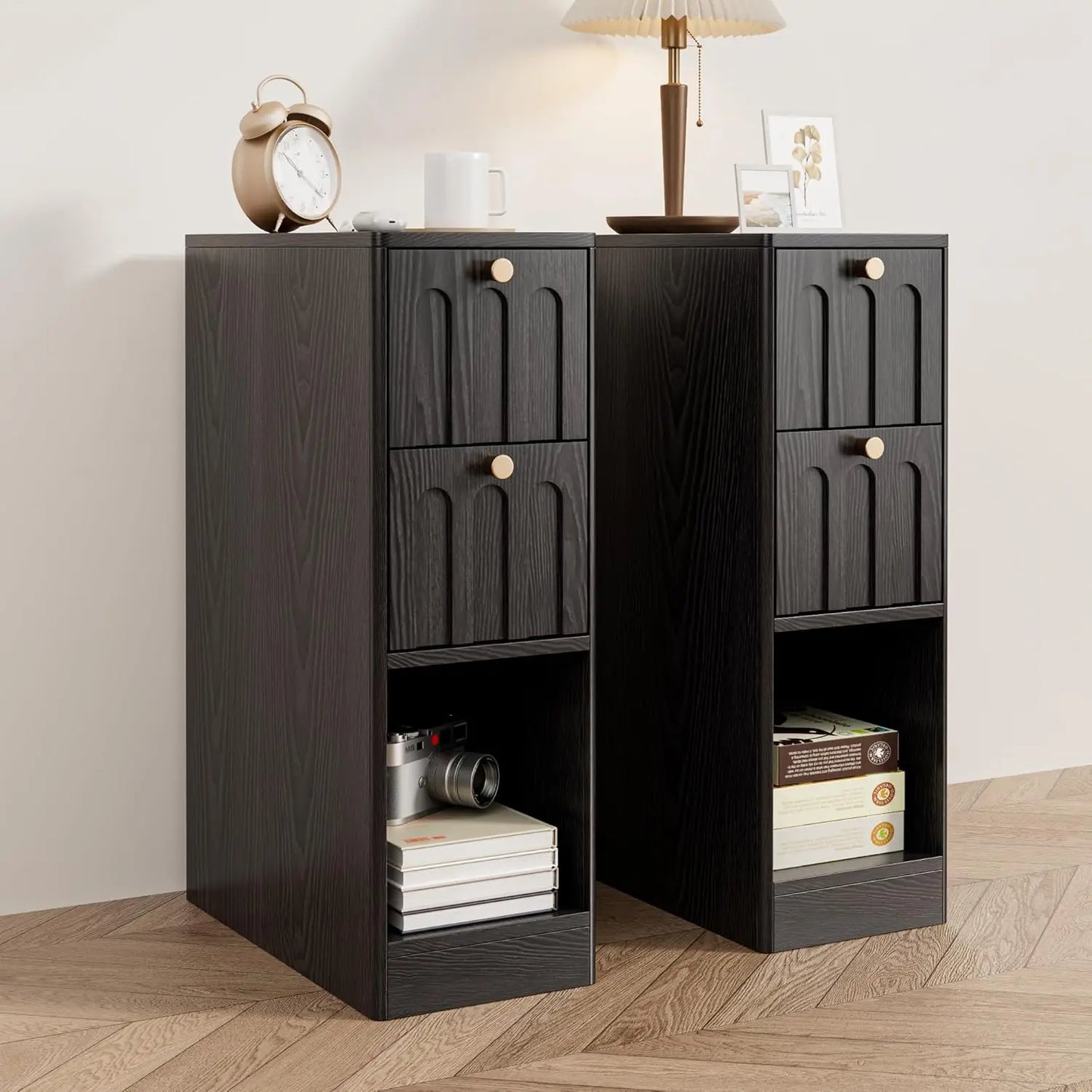 Narrow Fluted Wooden Nightstand With 2 Drawers Slim Bedside Cabinet