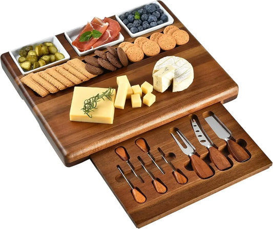 Acacia Wood Charcuterie Board Set With Ceramic Bowls And Utensils