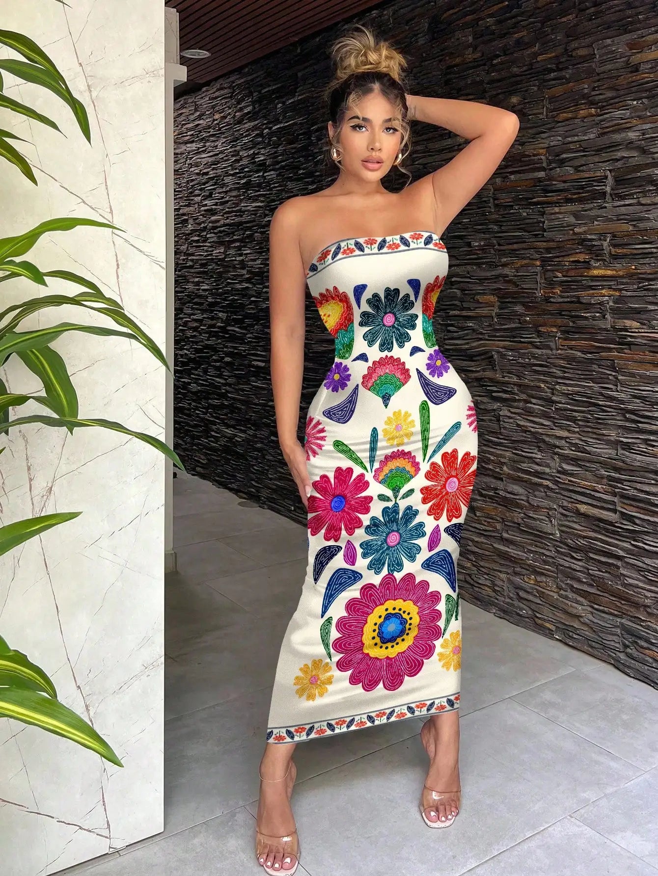 Bohemian Green Tropical Print Strapless Bodycon Dress For Vacation