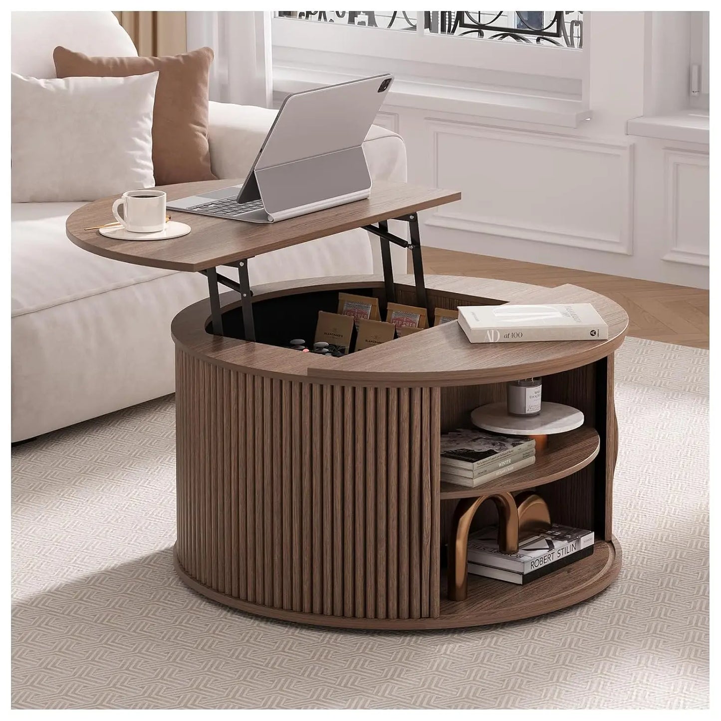 Round Coffee Table with Storage, 31.5" Fluted Center Table for Living Room, Modern Walnut Wood Circle Drum Table, Customized