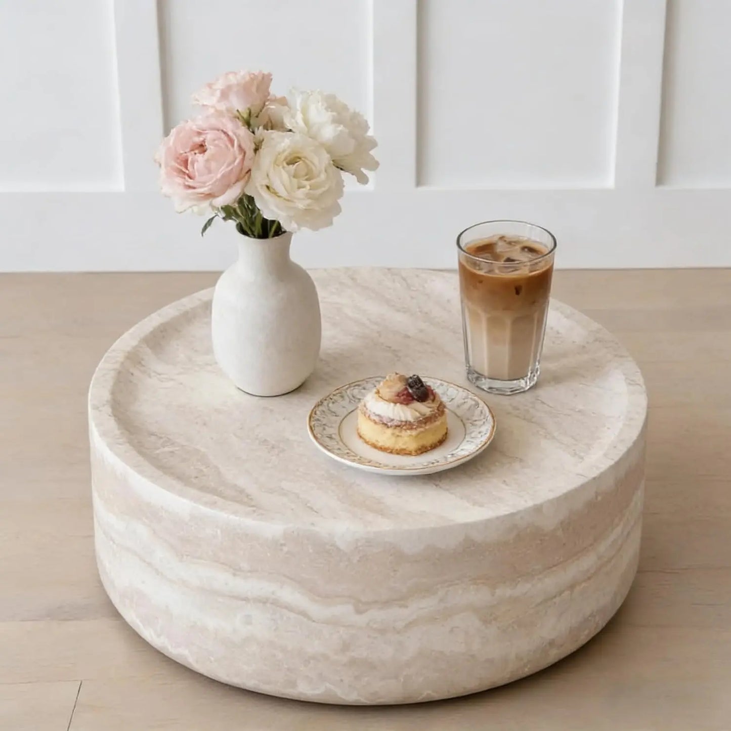 Faux Marble Round Coffee Table With Modern Fiberglass Drum Center