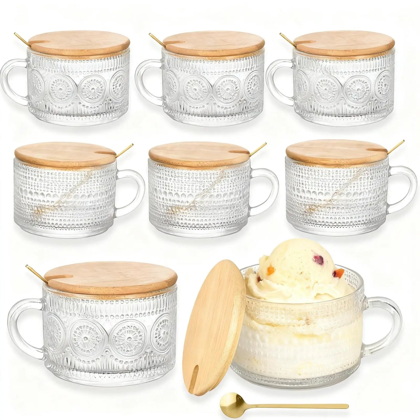 Glass Mugs With Embossed Pattern Bamboo Lids Gold Spoons