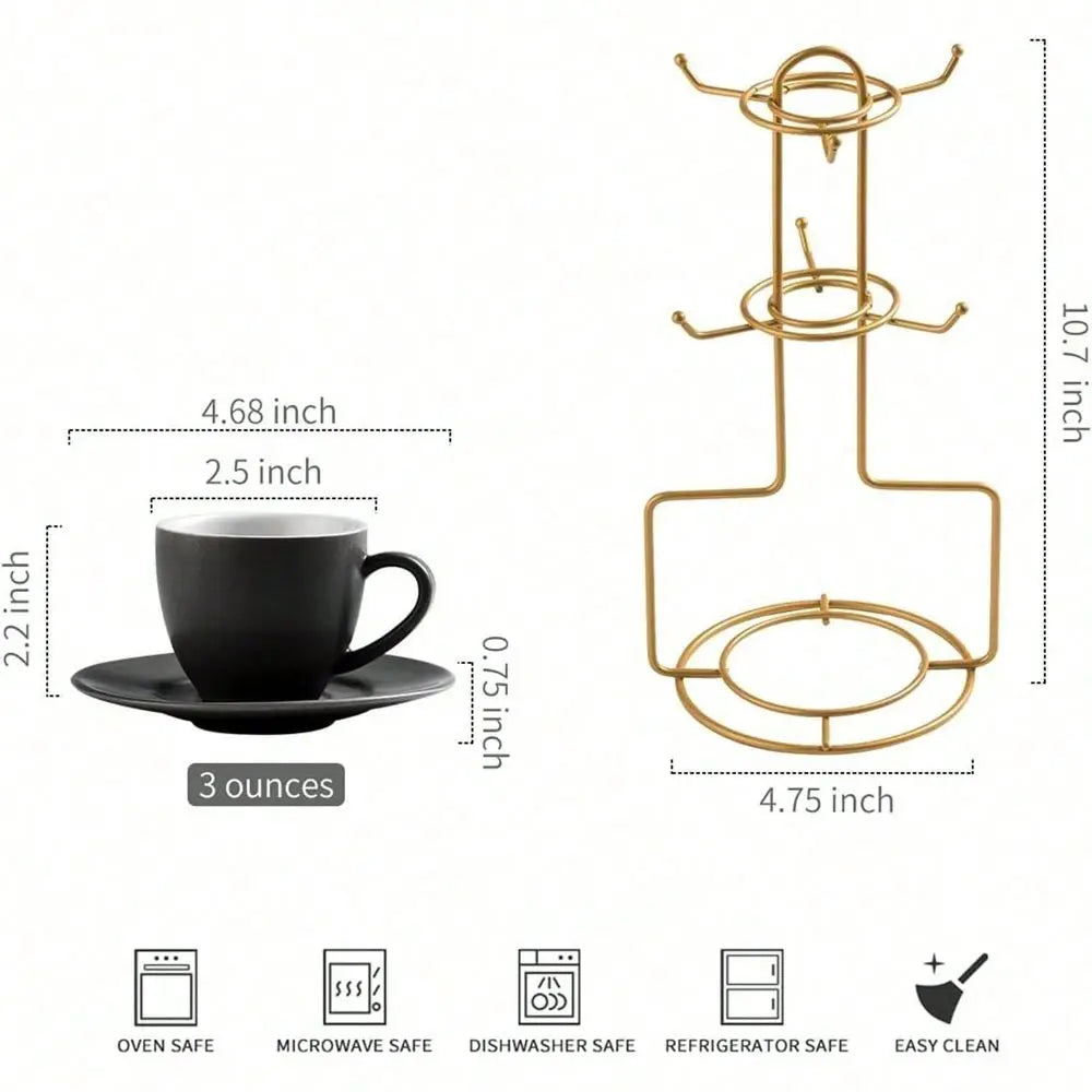 Ceramic Espresso Cups With Saucers And Metal Stand