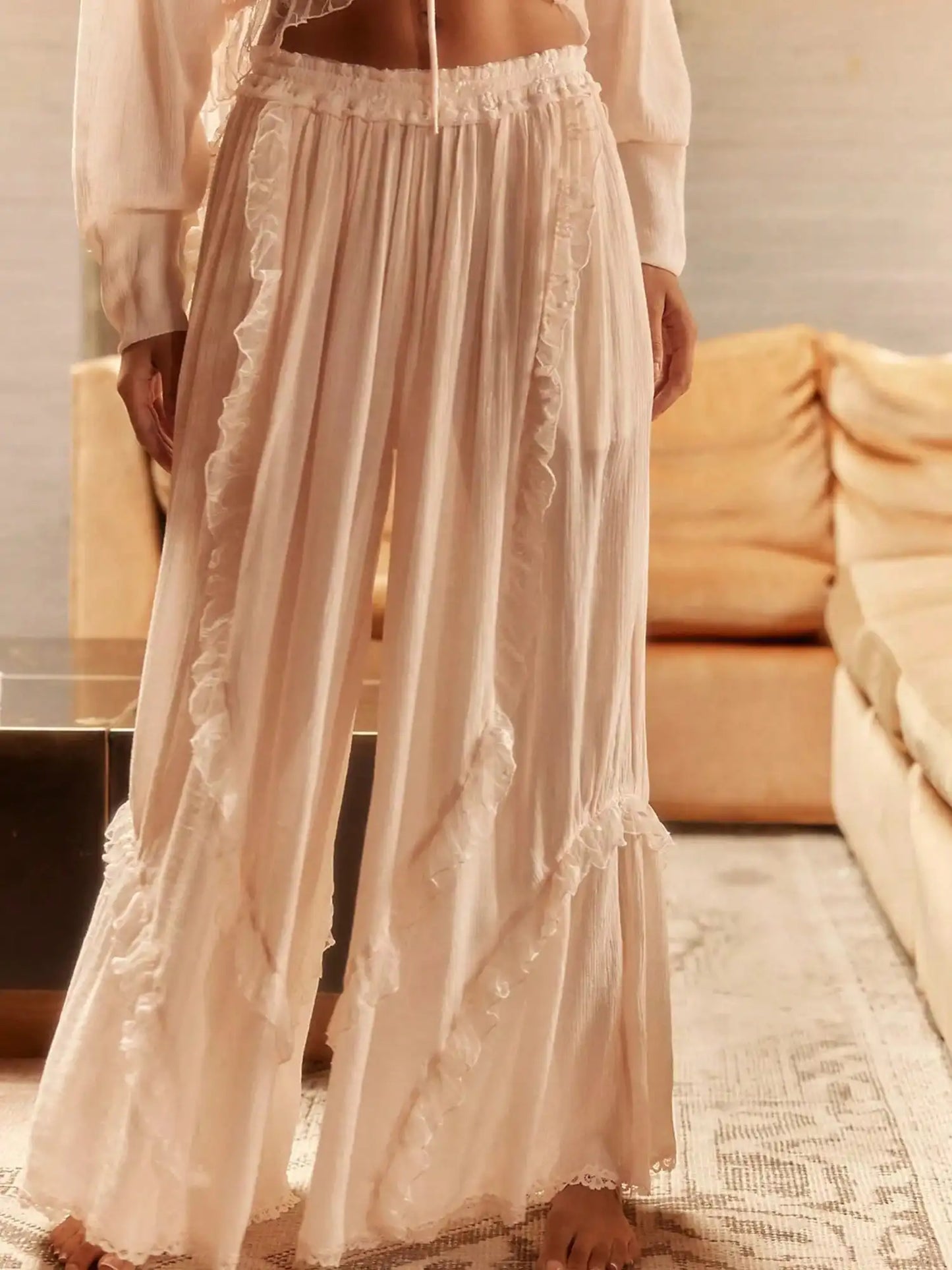Lace Trim Two Piece Lounge Set With Long Sleeve Crop Top And Wide Leg Pants