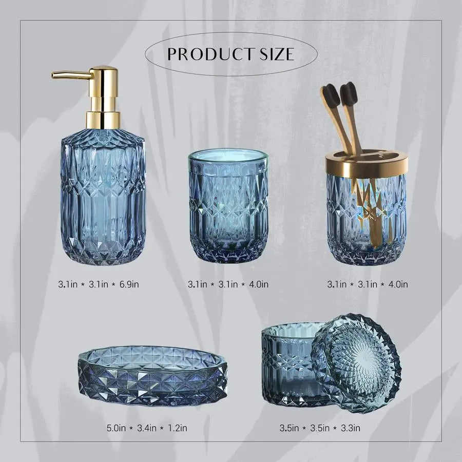 6PCS Bathroom Clear Glass Accessories Set Lotion Soap Dispenser, Soap Dish, Toothbrush Holder, Tumbler, Cotton Swab Jar, Contrar