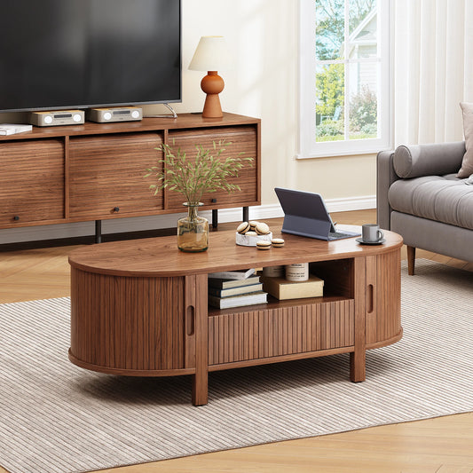 Oval Coffee Table With Cabinets And Sliding Doors Storage