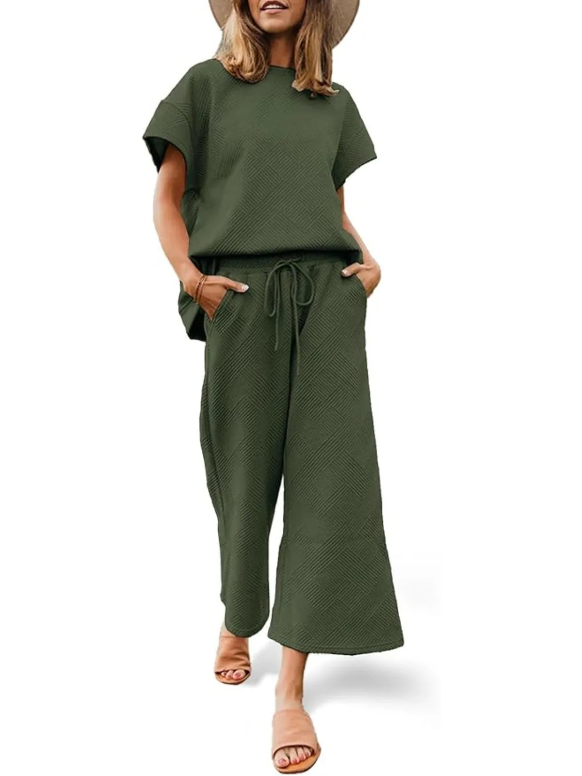 Fisoew Two Piece Sweat Set Luxury High Stretch Drawstring Waist