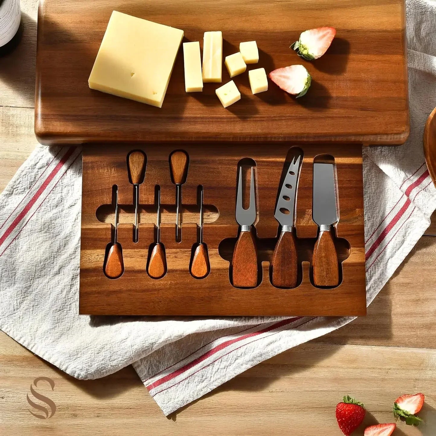 Acacia Wood Charcuterie Board Set With Ceramic Bowls And Utensils