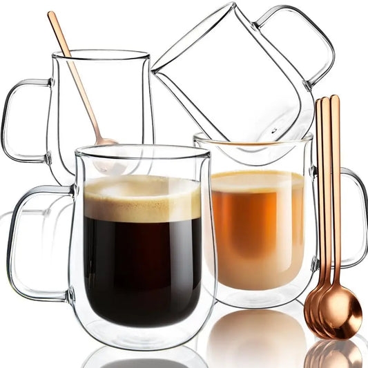 Double Walled Glass Coffee Mugs 16 OZ, Borosilicate Glass Coffee Cups Set of 4 with Spoons, Insulated Clear Coffee Mug for Hot B