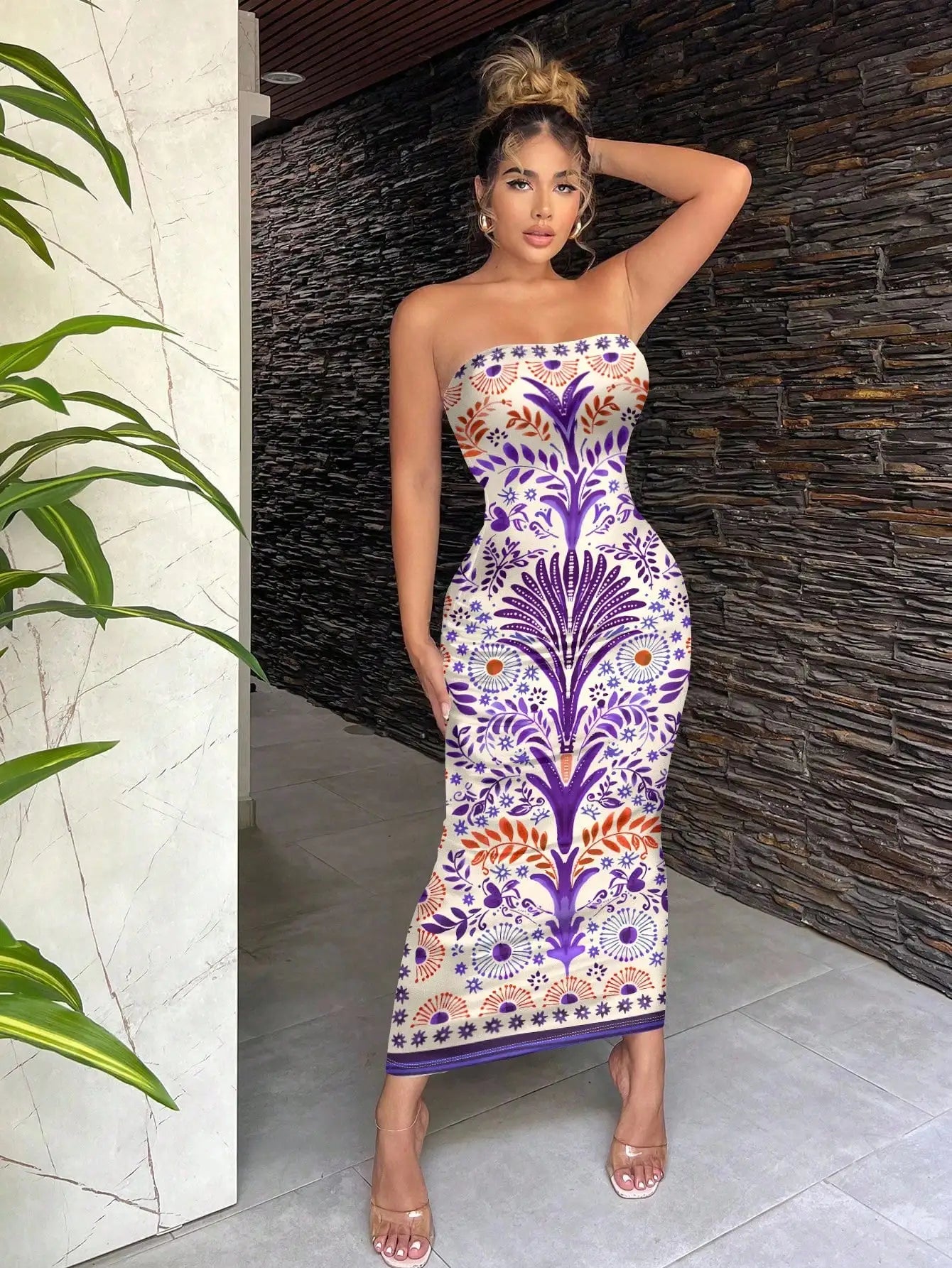 Bohemian Green Tropical Print Strapless Bodycon Dress For Vacation