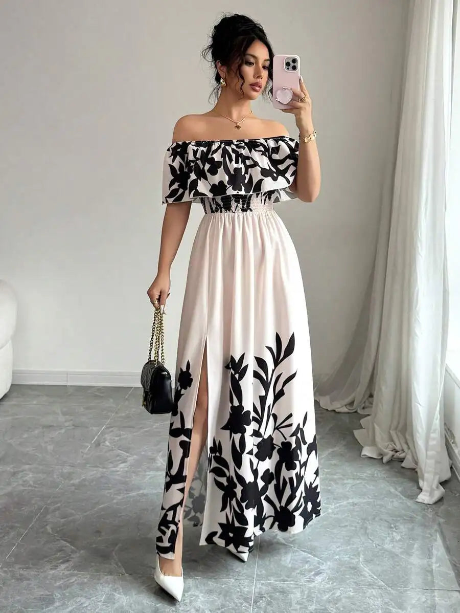 Off Shoulder Floral Maxi Dress With Side Slit And Ruffles
