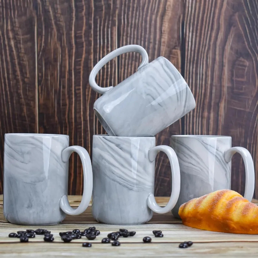 Marble Ceramic Tea Cups Set With Wide Handles Four Pack