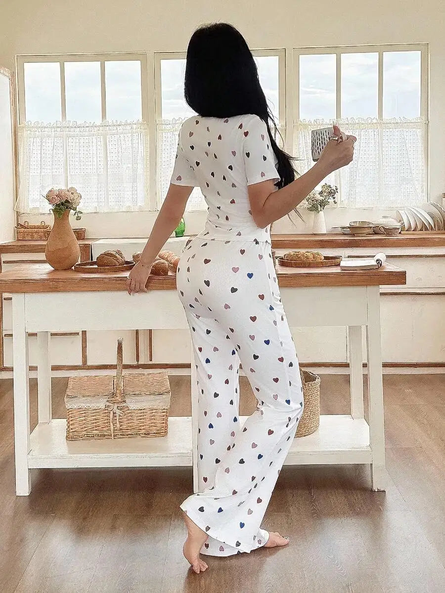 Heart Print Square Neck Ribbed Top And Flare Pants Set